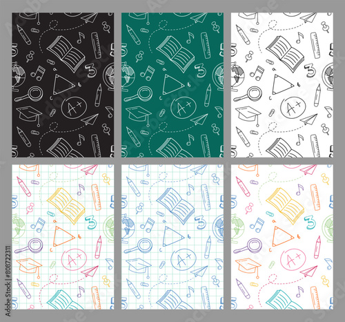 Set of Back to School banners with hand draw doodle background. Collection of Seamless Patterns. Drawing with chalk on blackboard, Drawing with pencils on piece of paper. Education, science concept