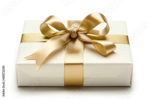 Luxurious white gift box tied with a shiny golden ribbon isolated on a white background
