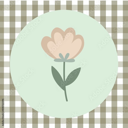 The background features a Scottish tartan pattern with a minimalist design of flowers in muted tones