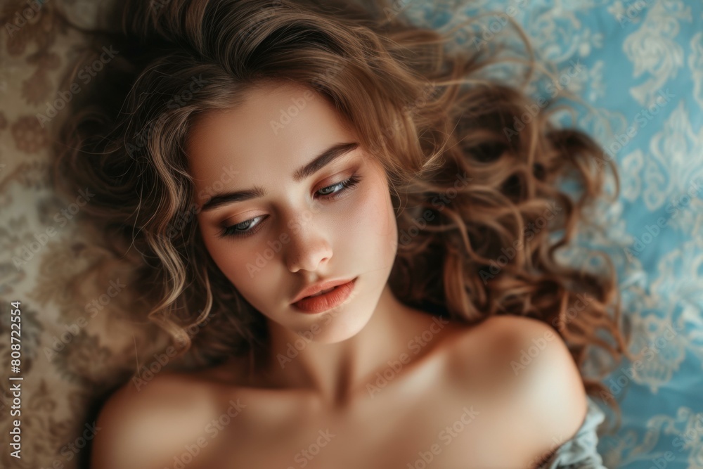 Young woman lies in soft lighting, exuding calmness and beauty Young woman lies in soft lighting, exuding calmness and beauty