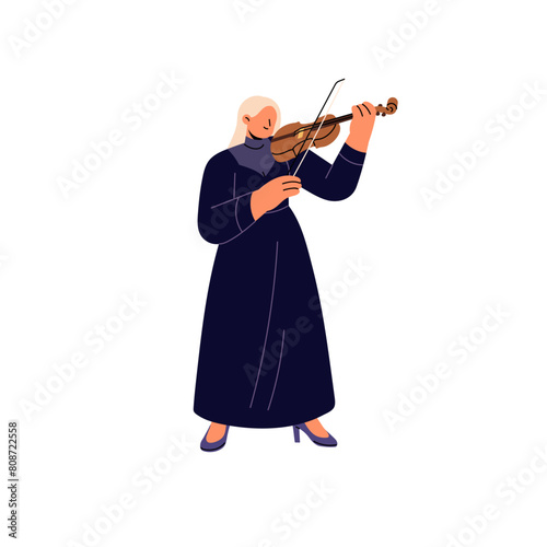 Talented violinist plays violin with fiddle bow. Musician performs music with viola and fiddlestick. Symphony in string instrument artist performance. Flat isolated vector illustration on white