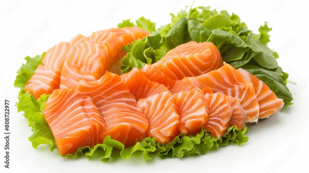 Die cut of fresh salmon and sashimi with green oak lettuce Shredded Radishes on white isolated