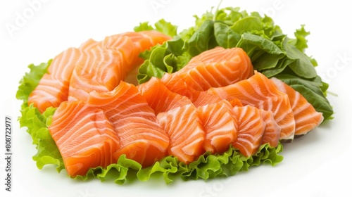 Die cut of fresh salmon and sashimi with green oak lettuce Shredded Radishes on white isolated