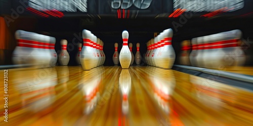 A bowling alley with pins in motion. photo