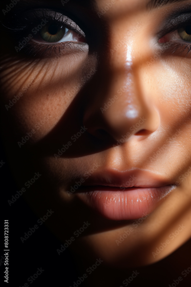 Fashionable Close-Up Portrait of Young Woman with Artistic Lighting. Generative AI