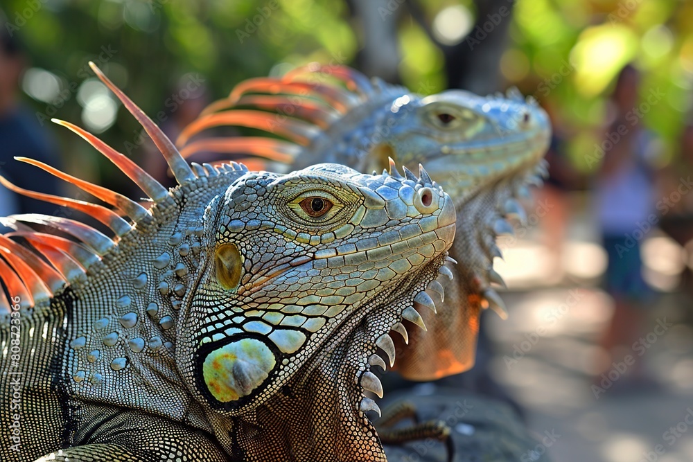 Fototapeta premium Two Large Lizards Resting on Top of a Rock