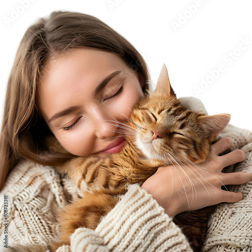 young woman hug cat isolated on transparent background