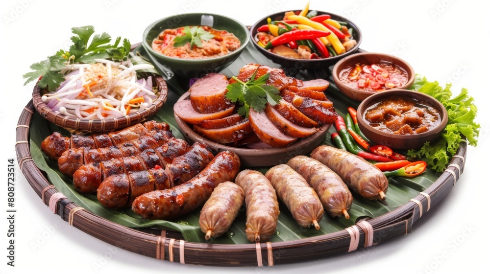 Die cut of Northern Thai Food, Northern Thai Sausage, Chilli Dips on white isolated. Die cut of Northern Thai Food, Northern Thai Sausage, Chilli Dips on white isolated.