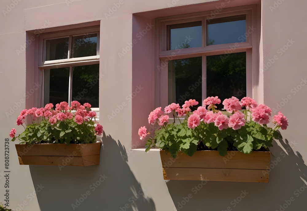Pink geraniums blooming in window boxes, generative AI