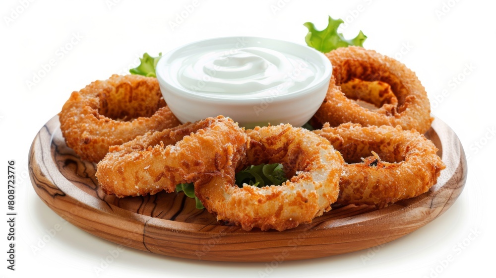 Die cut of Onion rings with dip Deep-fried flour with sour cream sauce on wooden plate on white isolated. Die cut of Onion rings with dip Deep-fried flour with sour cream sauce on wooden plate on white isolated.