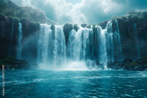 A breathtaking waterfall cascades down a rocky cliff into a turquoise pool, surrounded by lush greenery and mist