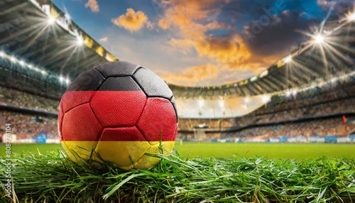 German flag with football in a stadium for the European Championship, Berlin City Skyline