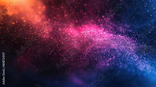 Vibrant color grainy gradient on a dark background, blending shades of orange, blue, pink, and purple with abstract glowing light shapes and noise texture, perfect for a poster design with ample copy 