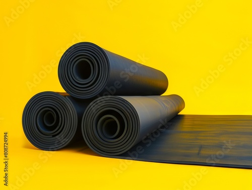 A stack of black rubber mats on a yellow background.