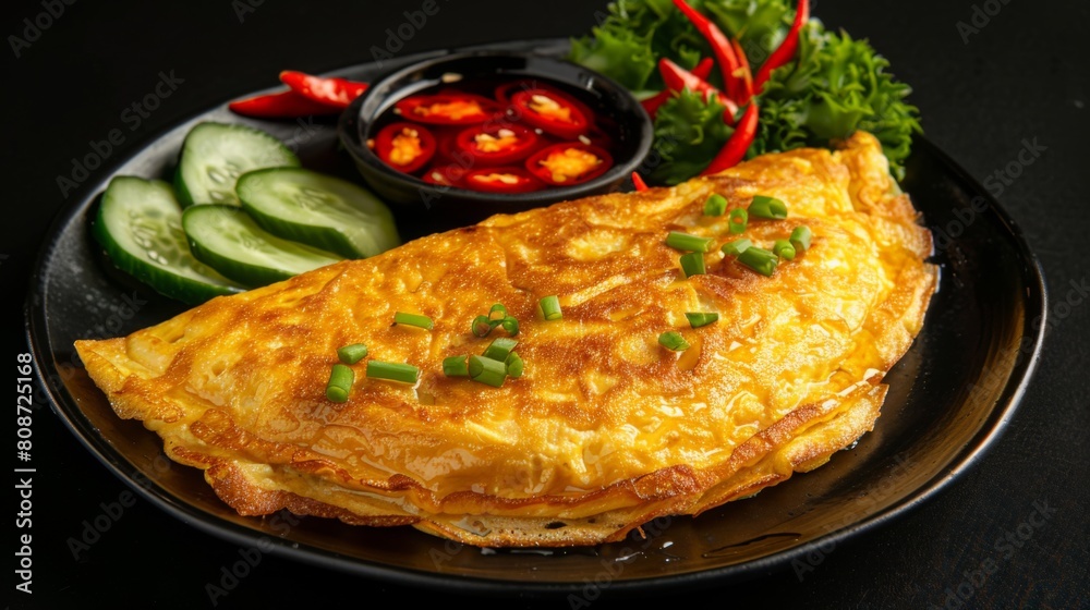 Die cut of Thai Crispy Pancake (Kanom Buang)Vietnamese stuffed crispy omlette. with sliced cucumber,chillies sweet-sour vinegar on black isolated. Die cut of Thai Crispy Pancake (Kanom Buang)Vietnamese stuffed crispy omlette. with sliced cucumber,chillies sweet-sour vinegar on black isolated.