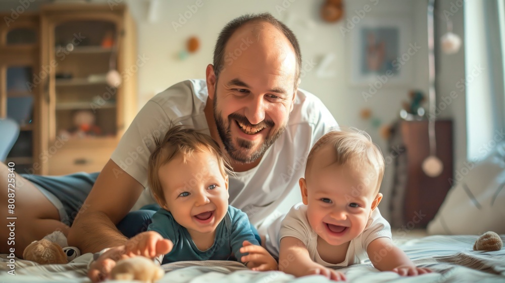 Parent and two babies. Baby care. Indoors scene. Father's Day Parent and two babies. Baby care. Indoors scene. Father's Day