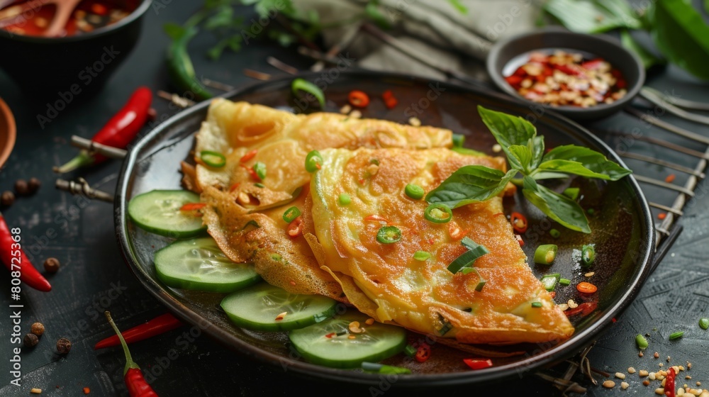 Die cut of Thai Crispy Pancake (Kanom Buang)Vietnamese stuffed crispy omlette. with sliced cucumber,chillies sweet-sour vinegar on black isolated. Die cut of Thai Crispy Pancake (Kanom Buang)Vietnamese stuffed crispy omlette. with sliced cucumber,chillies sweet-sour vinegar on black isolated.