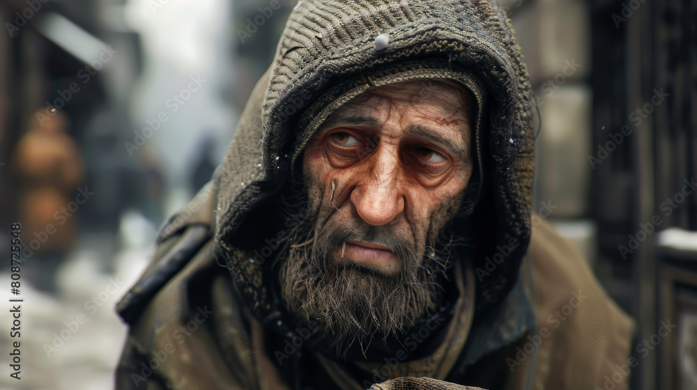 Fototapeta premium Portrait of an elderly beggar man on the street. Homeless man in dirty clothes outdoors.