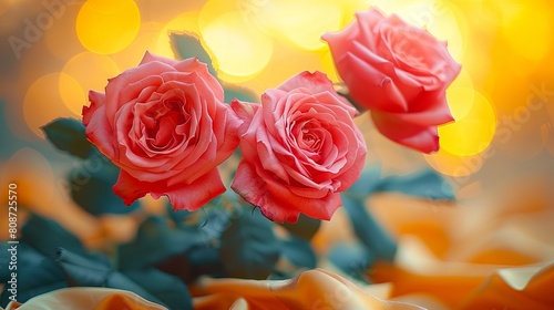 Three pink roses are in front of a yellow background. photo