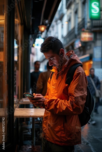 Man in Orange Jacket Looking at Cell Phone