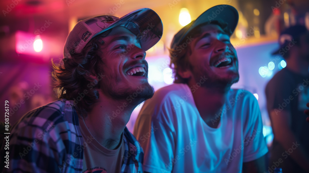 A smiling group of people are having fun at a night party. A group of friends kick back and relax at a discotheque in neon lighting. Fun and weekend concept.