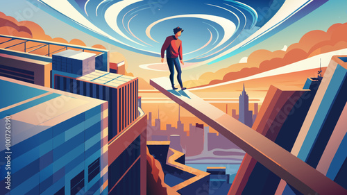 Vertigo Heights: Surreal Perspective - standing on edge of plank, depicting vulnerability and disorientation from vertigo 