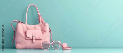 An illustration showing pink women's fashion accessories against a blue background.
