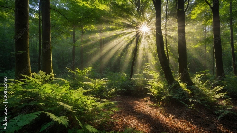 Sunlight filters through dense canopy of lush forest, casting beams of light that illuminate vibrant green ferns, forest floor below. Scene captures tranquil moment in nature.