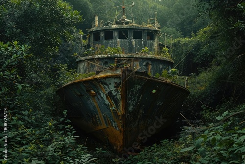old ship in thick bushes of amazon forest