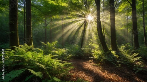 Sunlight filters through dense canopy of lush forest  casting beams of light that illuminate vibrant green ferns  forest floor below. Scene captures tranquil moment in nature.