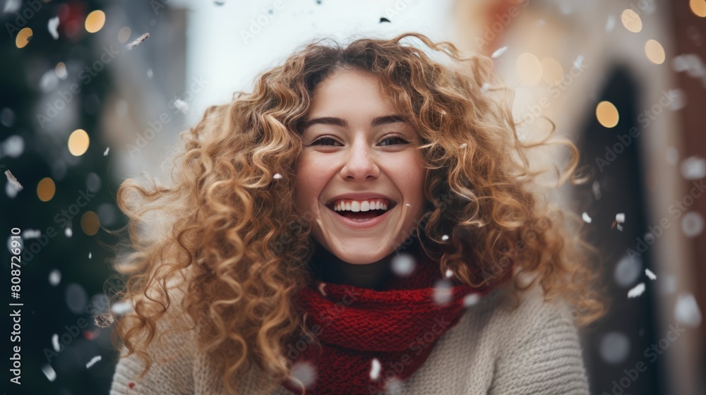 Close up portrait of a beautiful young woman with curly hair in a red scarf and a white knitted sweater on the background of a winter street Close up portrait of a beautiful young woman with curly hair in a red scarf and a white knitted sweater on the background of a winter street
