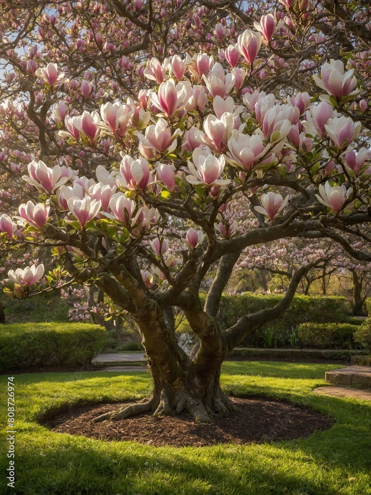 Naklejka premium Flourishing magnolia tree stands in full bloom, with large pink, white petals basking in soft glow of sunlight filtering through branches. Sturdy trunk.