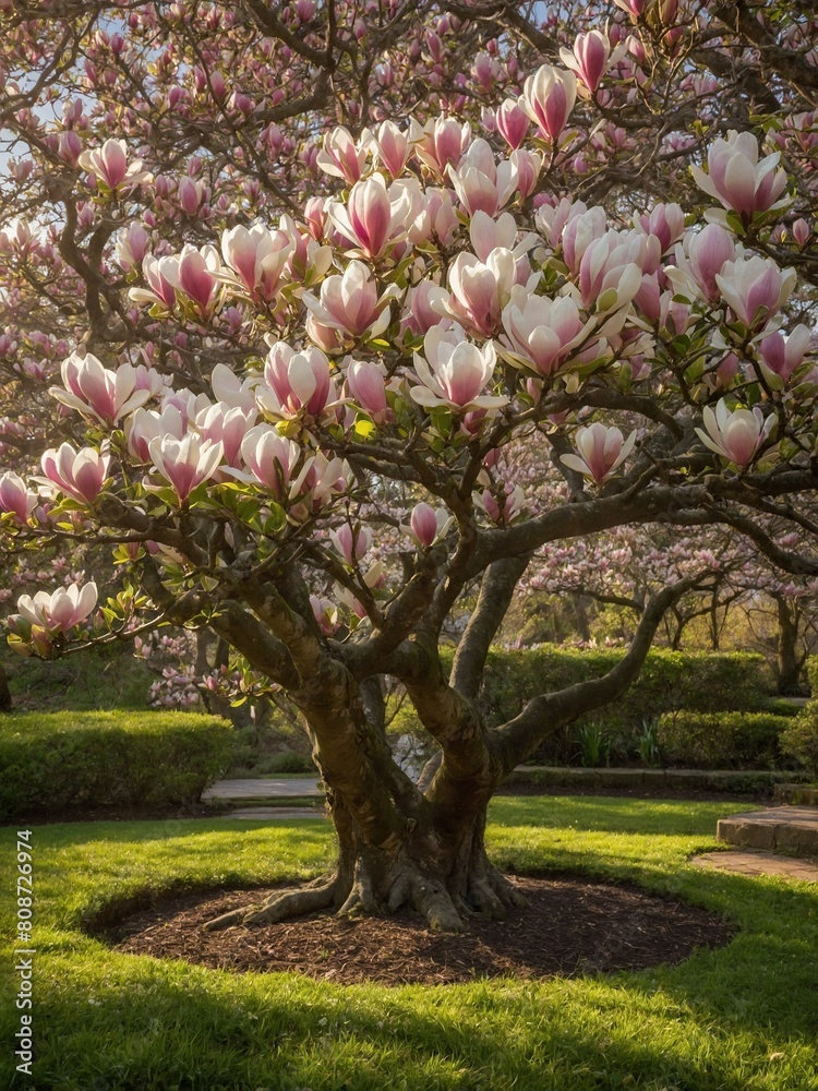 Flourishing magnolia tree stands in full bloom, with large pink, white petals basking in soft glow of sunlight filtering through branches. Sturdy trunk.