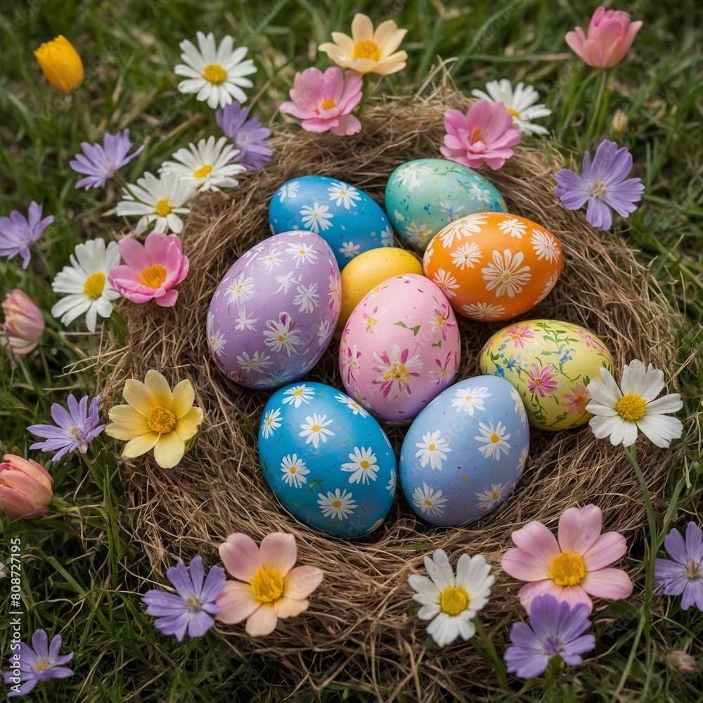 Nest, crafted from dried grass, twigs, cradles collection of easter eggs, each painted with vibrant colors, intricate patterns. Resting on bed of fresh grass.