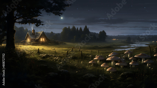 Agaricus mushrooms at the edge of a firefly-lit meadow, with an old, wooden farmhouse in the distance.