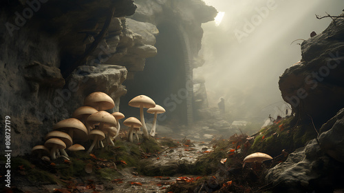 Agaricus mushrooms at the entrance of an old, mysterious mine in a rugged mountain, with fog rolling in.