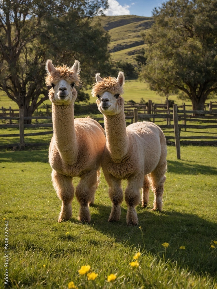 Two alpacas grace lush green field, their coats catching sunlight. Field, dotted with yellow flowers, extends to backdrop of wooden fences, scattered trees under clear blue sky. Alpacas.