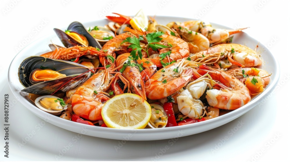 Fresh shrimps prawns squid mussels spotted babylon shellfish crab and seafood sauce lemon on plate white background Fresh shrimps prawns squid mussels spotted babylon shellfish crab and seafood sauce lemon on plate white background