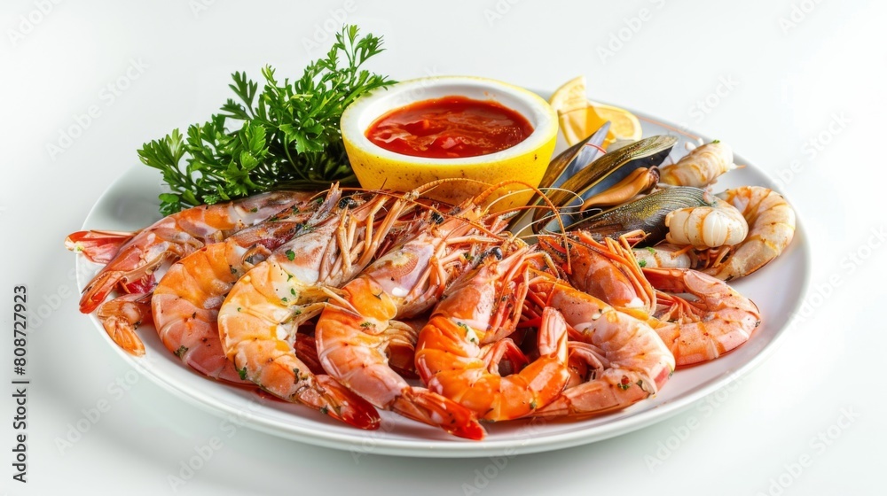 Fresh shrimps prawns squid mussels spotted babylon shellfish crab and seafood sauce lemon on plate white background Fresh shrimps prawns squid mussels spotted babylon shellfish crab and seafood sauce lemon on plate white background