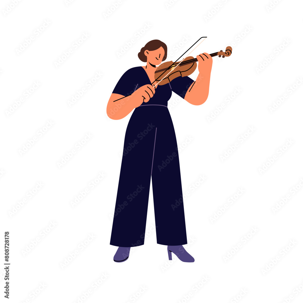Symphony in performance of violinist. Musician in pants suit plays violin with bow. Talented artist performs music with viola, string instrument. Flat isolated vector illustration on white background Symphony in performance of violinist. Musician in pants suit plays violin with bow. Talented artist performs music with viola, string instrument. Flat isolated vector illustration on white background