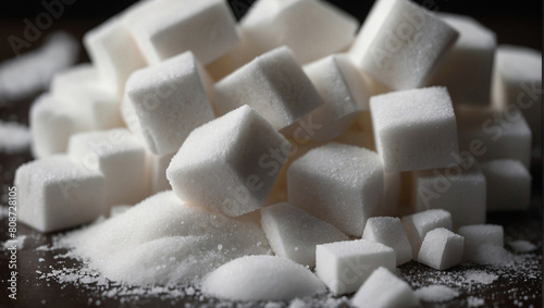 Pile of refined sugar cubes photo