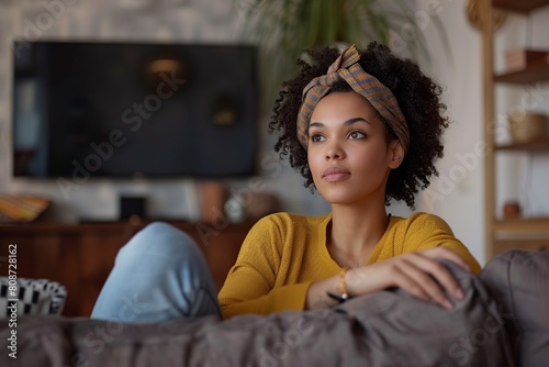 Woman Sitting on Bed in Front of TV