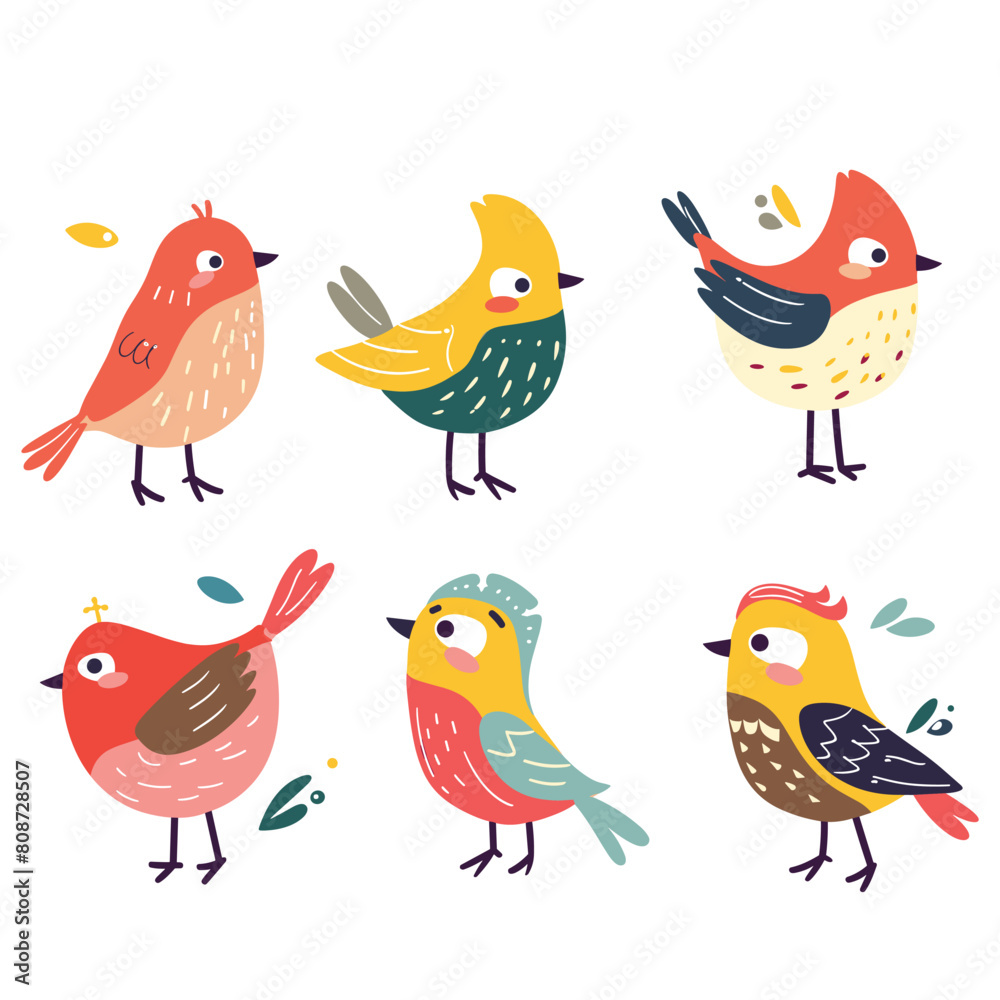 Colorful cartoon birds illustrated whimsical style. Six unique cheerful birds displaying different poses expressions, bird features mix vibrant colors red, yellow, blue, green Colorful cartoon birds illustrated whimsical style. Six unique cheerful birds displaying different poses expressions, bird features mix vibrant colors red, yellow, blue, green