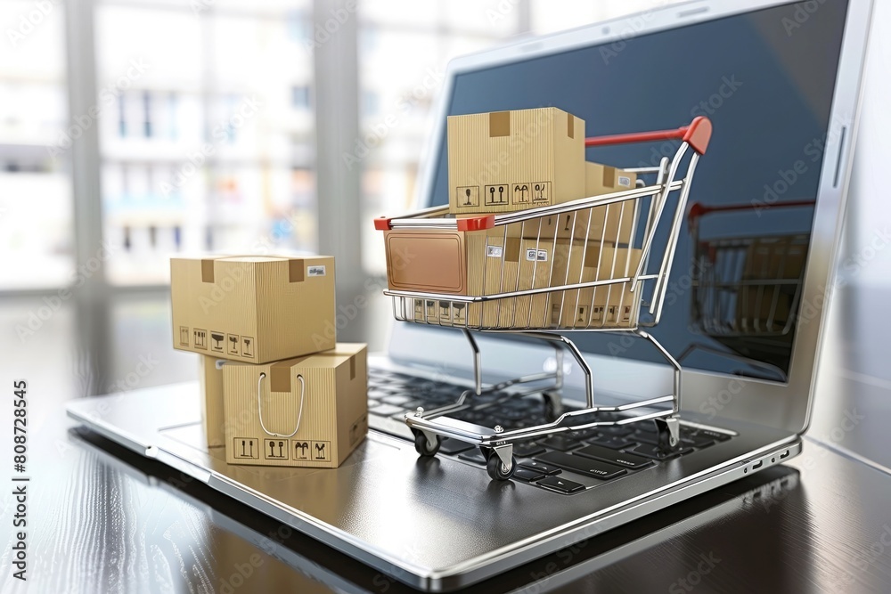 Online shopping concept with cart full of boxes on top of laptop computer