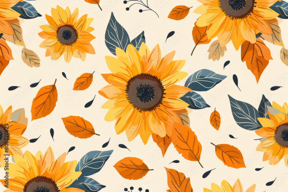 Pattern of sunflowers on a light background. Seamless pattern of beautiful yellow sunflowers on a light background. A flat illustration.