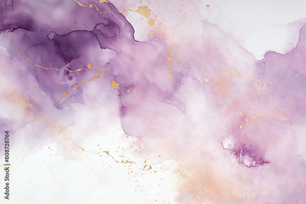 Φωτογραφία An abstract watercolor background with gentle pastel tones of light pink and purple, elevated by glistening golden stripes and splatters