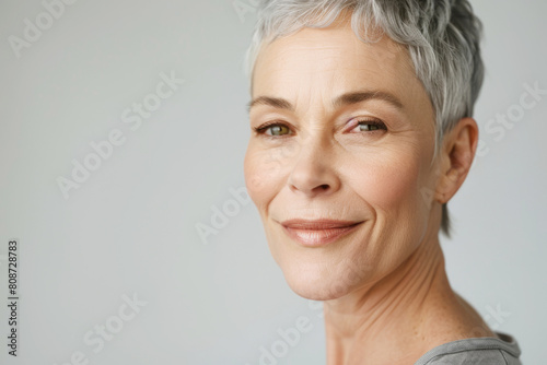Portrait of a beautiful elderly woman in close-up. A picture of the face of a mature blonde with clean  fresh skin on a light background.