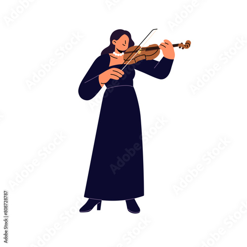 Talented viola player, musician in dress performs symphony with string instrument. Professional violinist plays music with violin, fiddle bow in performance. Flat isolated vector illustration on white