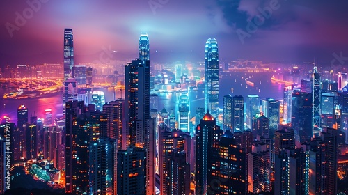 A futuristic cityscape at night, where skyscrapers are bathed in luminous beams of deep amber, reflecting off glass surfaces and illuminating the bustling streets below with a warm, inviting glow.