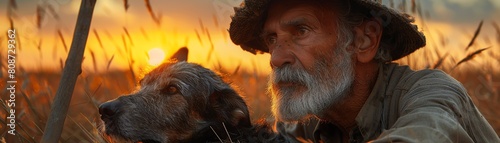 A portrait of a seasoned shepherd with his loyal herding dog, both resting beside a shepherd s crook at sunset photo